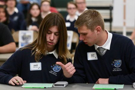 Middle College students Declan Young and Ethan Reis participate in the 38th Annual Kings County Academic held Saturday at Sierra Pacific High School.